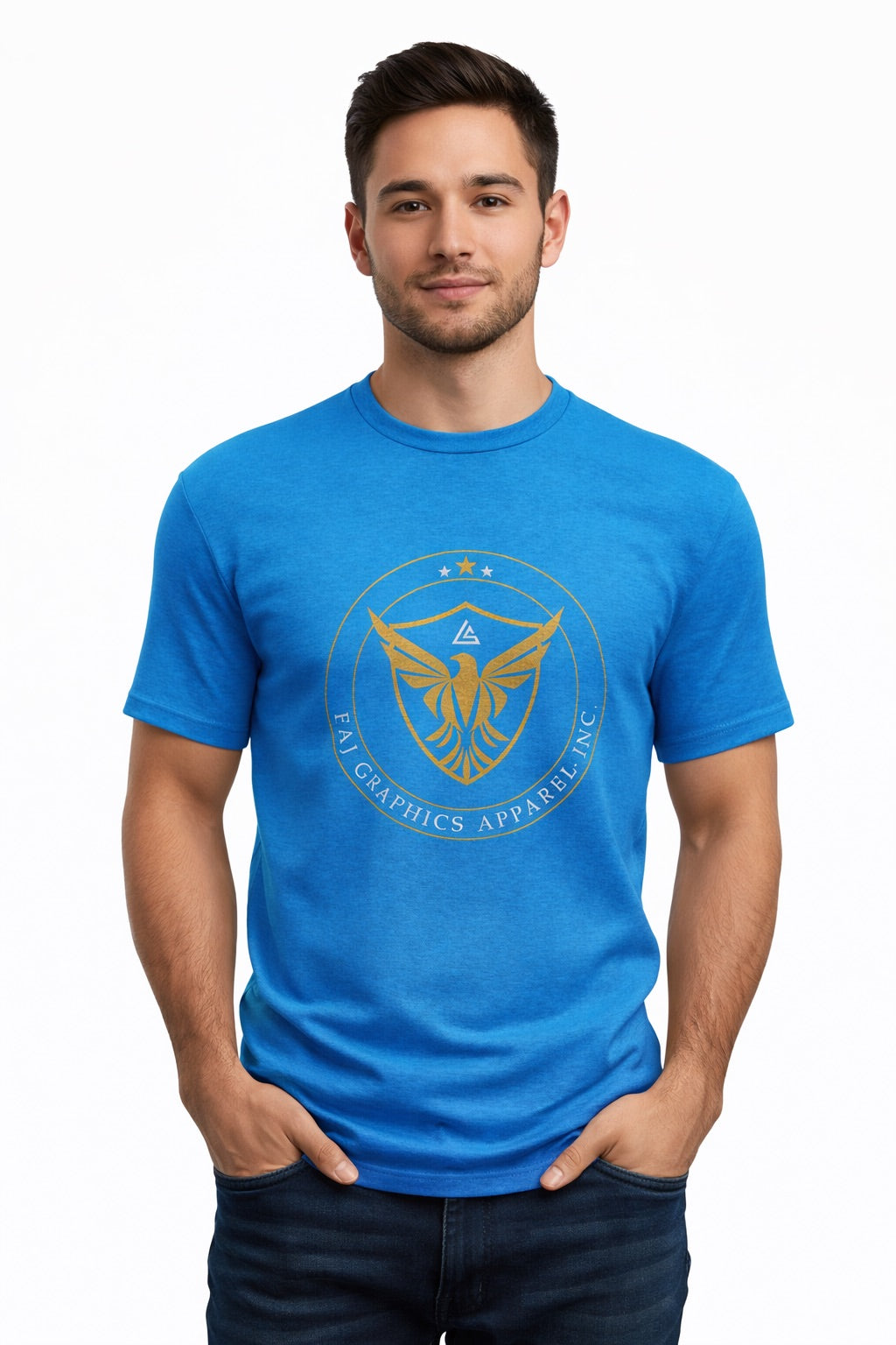 Faj Graphics FOCUS T-Shirt in blue, worn by a model, front view with gold eagle crest logo - Faj Graphics Apparel