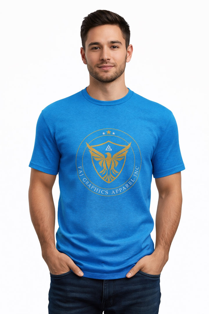 Faj Graphics FOCUS T-Shirt in blue, worn by a model, front view with gold eagle crest logo - Faj Graphics Apparel
