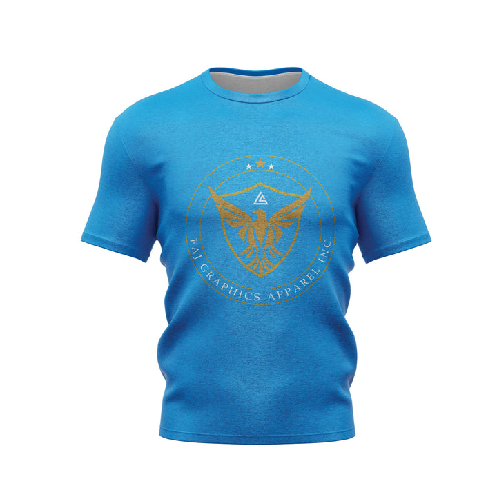 Faj Graphics FOCUS T-Shirt in blue, front view with gold eagle crest logo - Faj Graphics Apparel