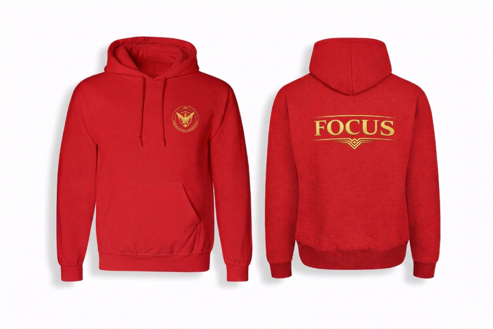 Red FOCUS Hoodie front and back flat lay
