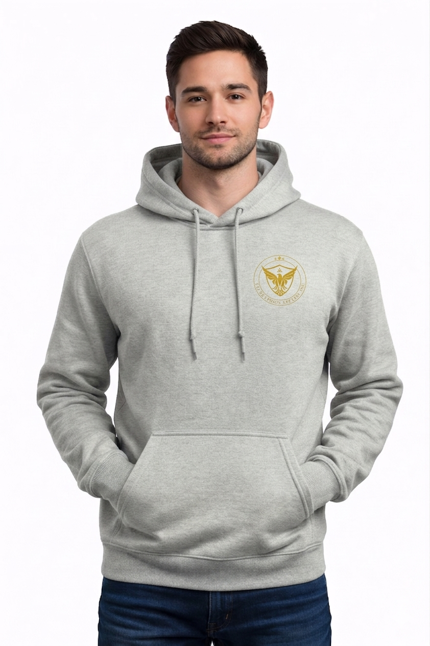Heather gray FOCUS Premium Hoodie front view with gold eagle crest