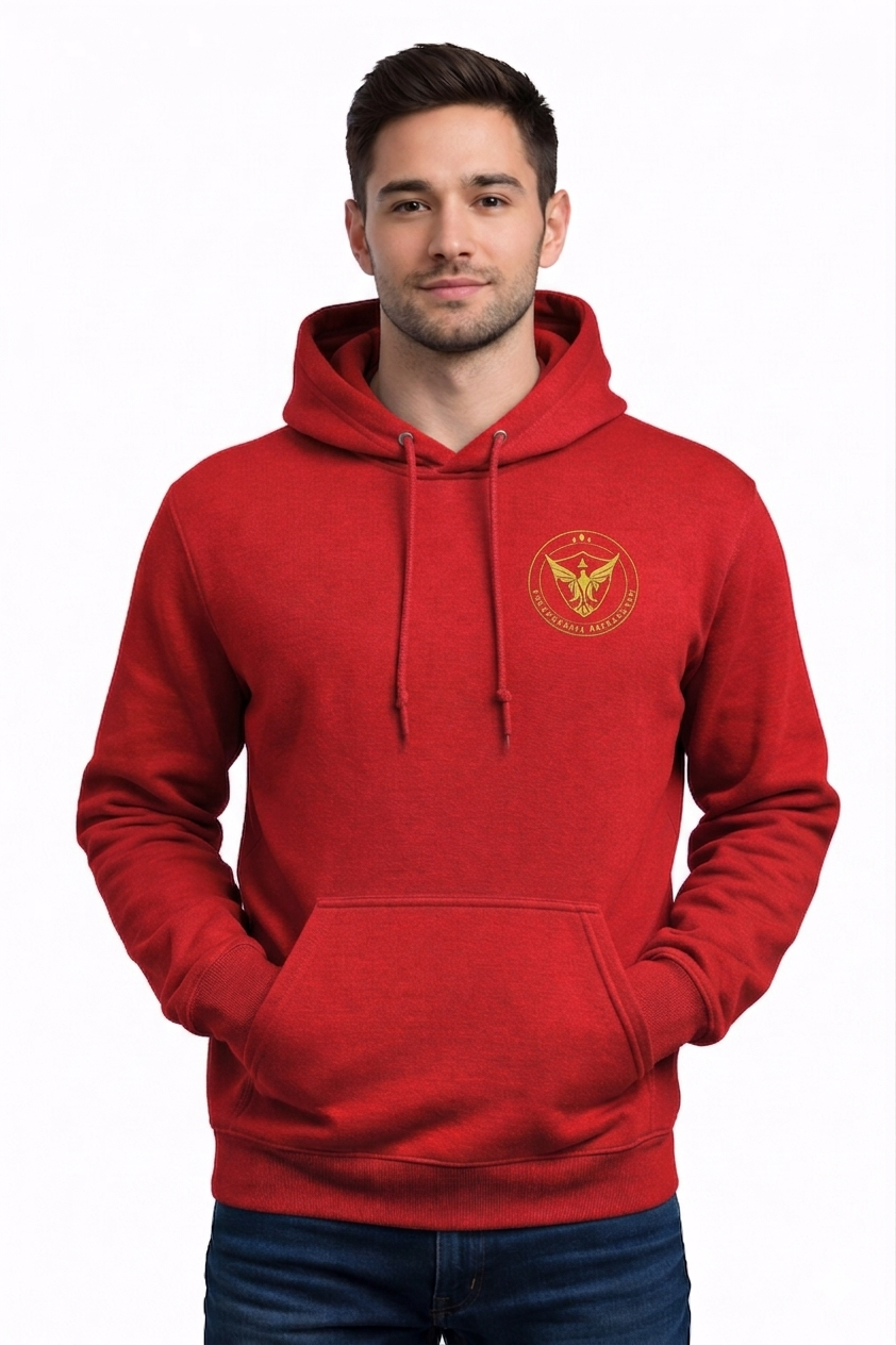 Red FOCUS Premium Hoodie front view with gold eagle crest