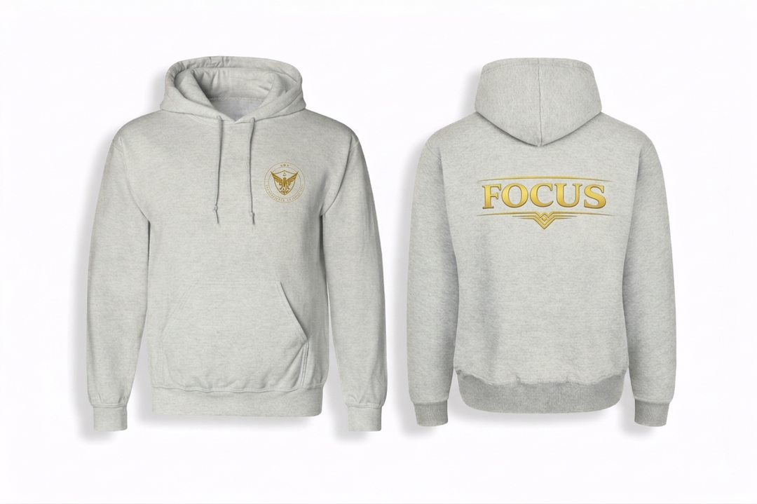 Heather gray FOCUS Hoodie front and back product layout