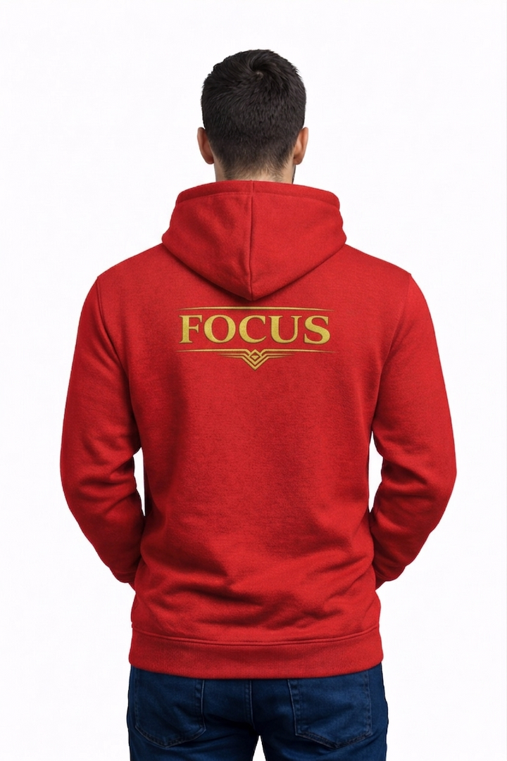 Red FOCUS Hoodie back view featuring the statement graphic