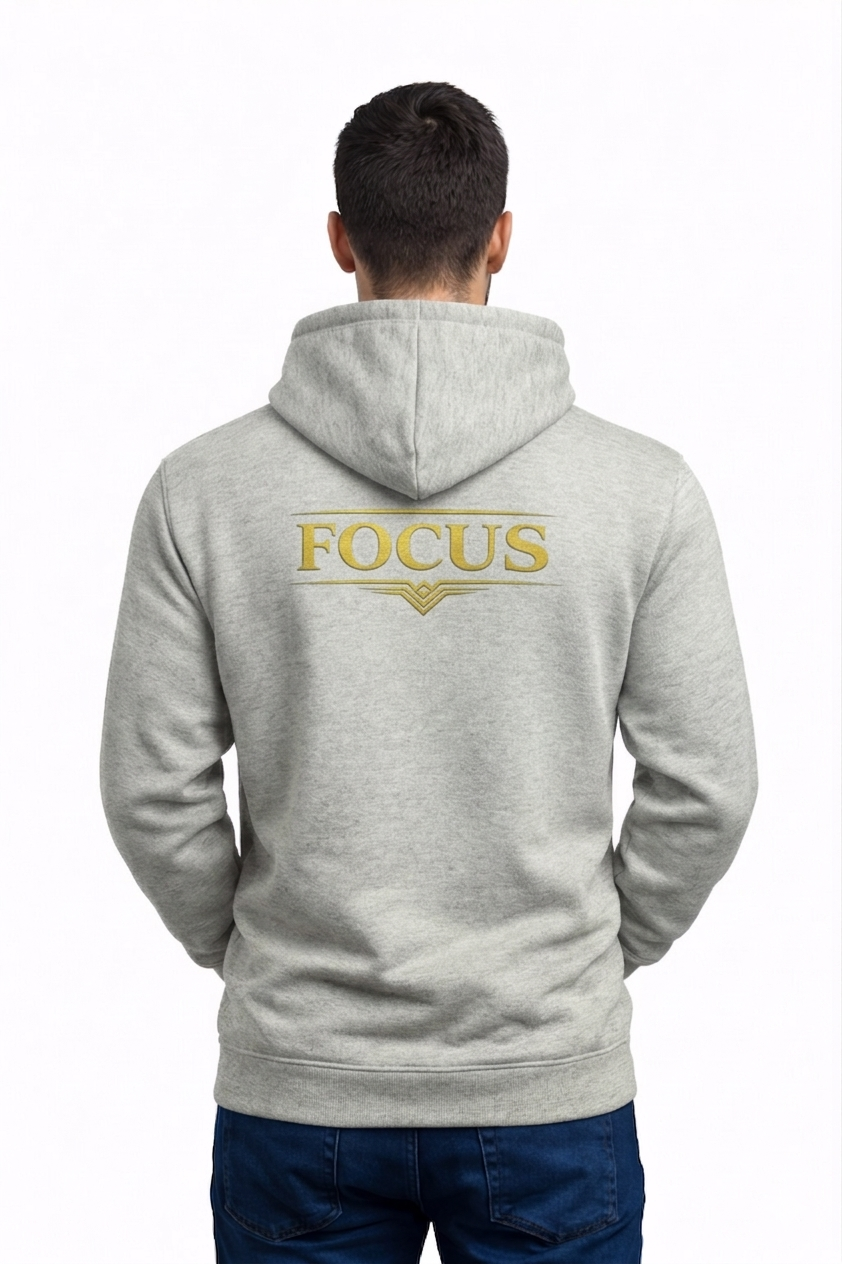 Heather gray FOCUS Hoodie back graphic view