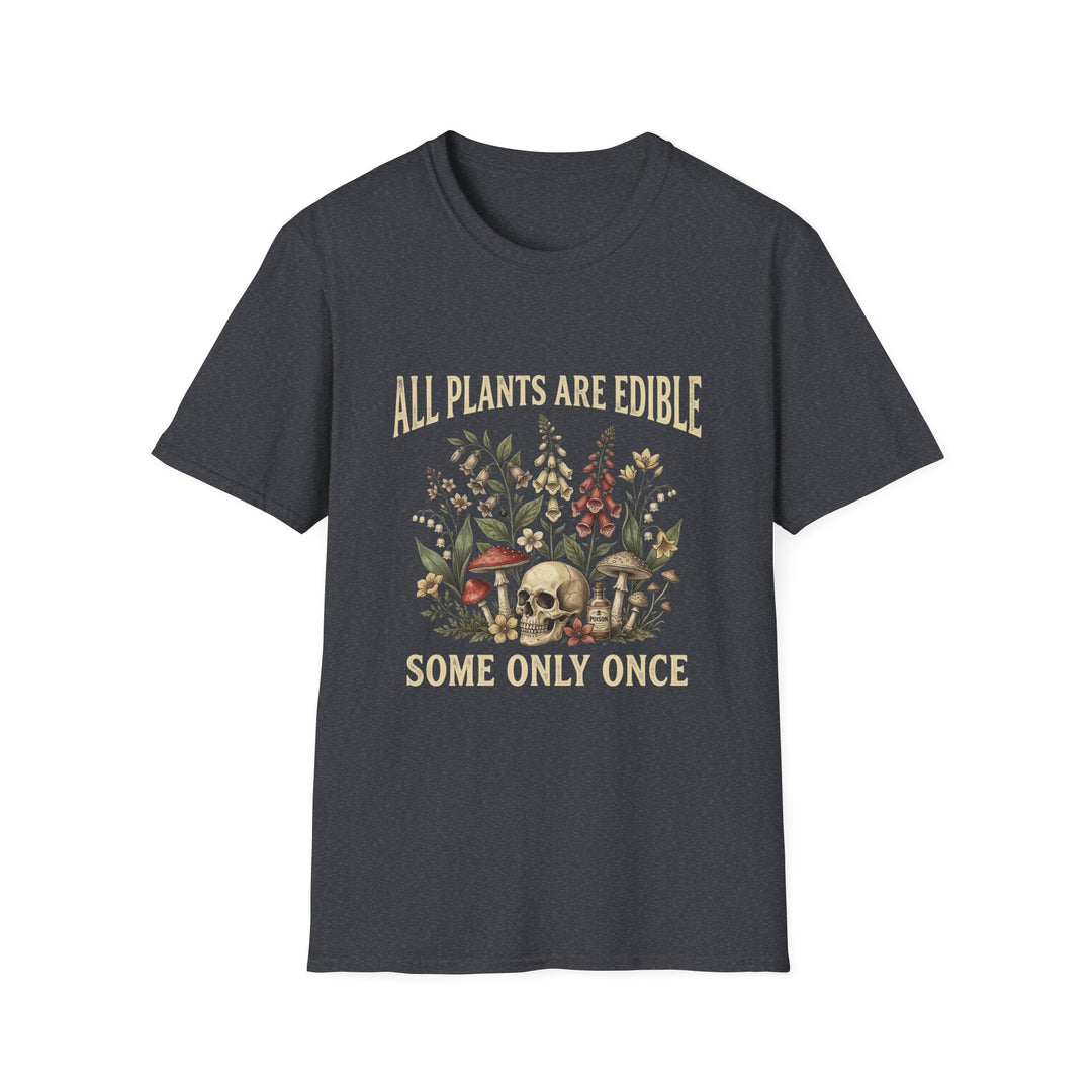 Dark heather All Plants Are Edible Some Only Once botanical skull graphic T-shirt front view