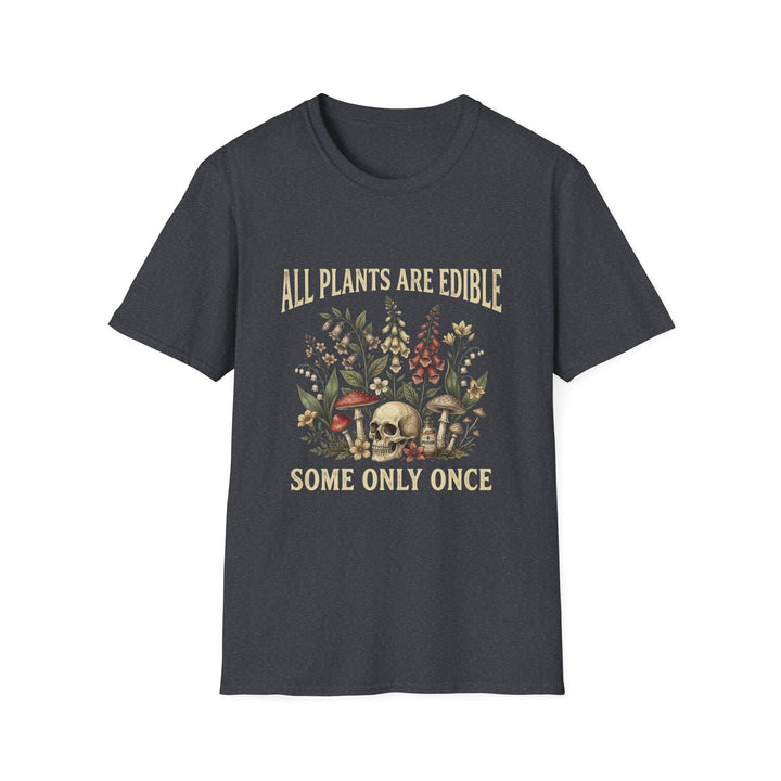 Dark heather All Plants Are Edible Some Only Once botanical skull graphic T-shirt front view