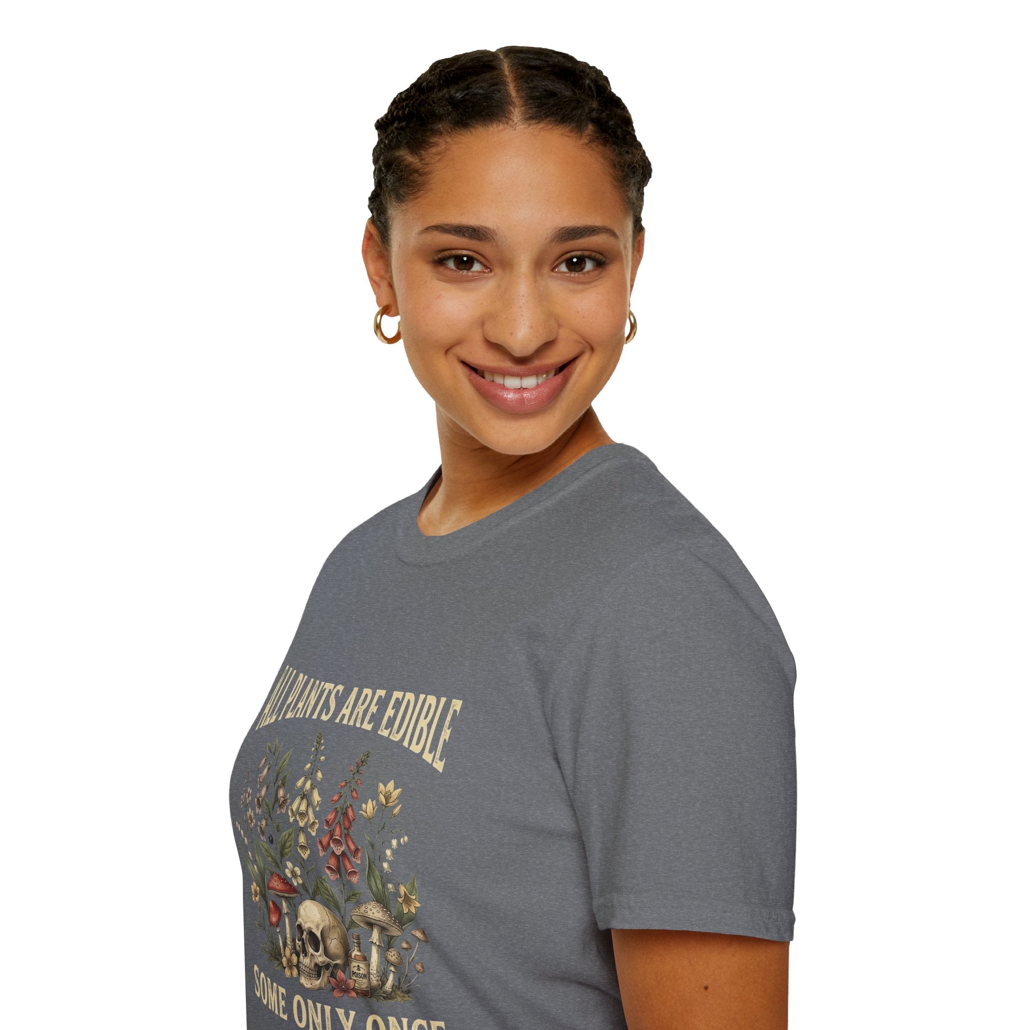 Close-up side view of the All Plants Are Edible graphic T-shirt in dark heather