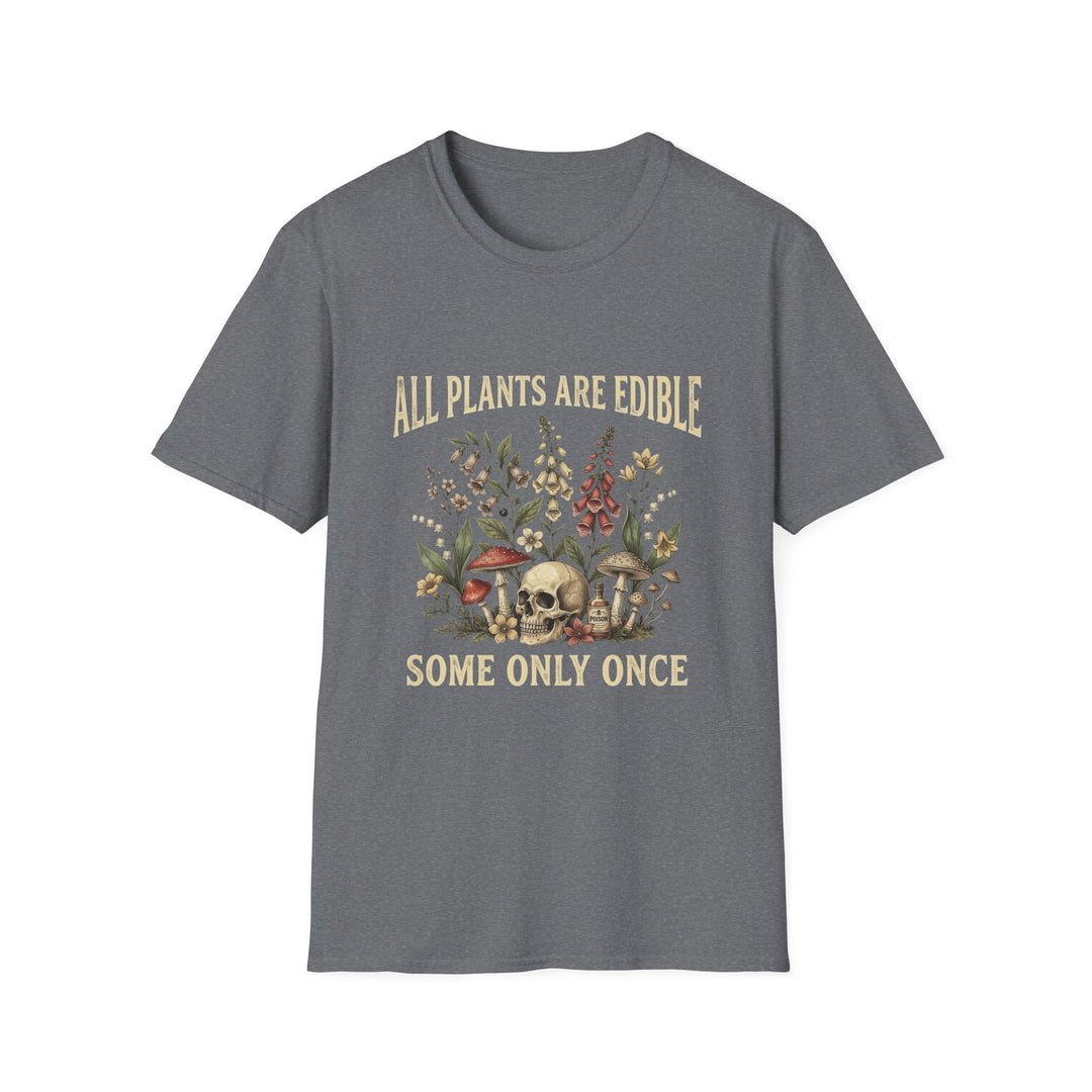 Sport grey All Plants Are Edible Some Only Once botanical skull graphic T-shirt front view