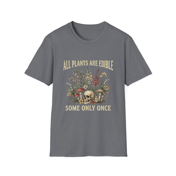 Sport grey All Plants Are Edible Some Only Once botanical skull graphic T-shirt front view