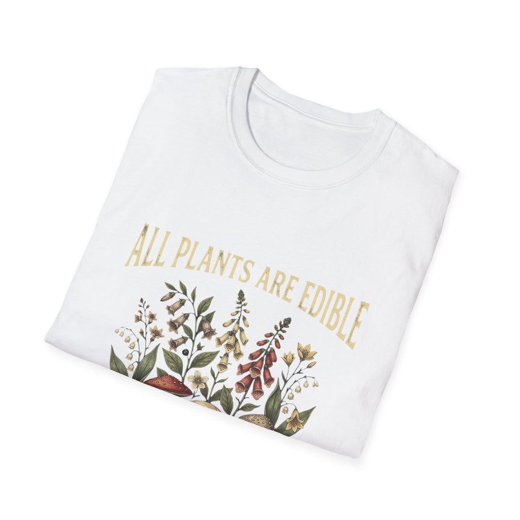 Folded white All Plants Are Edible botanical skull graphic T-shirt