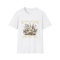 White All Plants Are Edible Some Only Once botanical skull graphic T-shirt front view