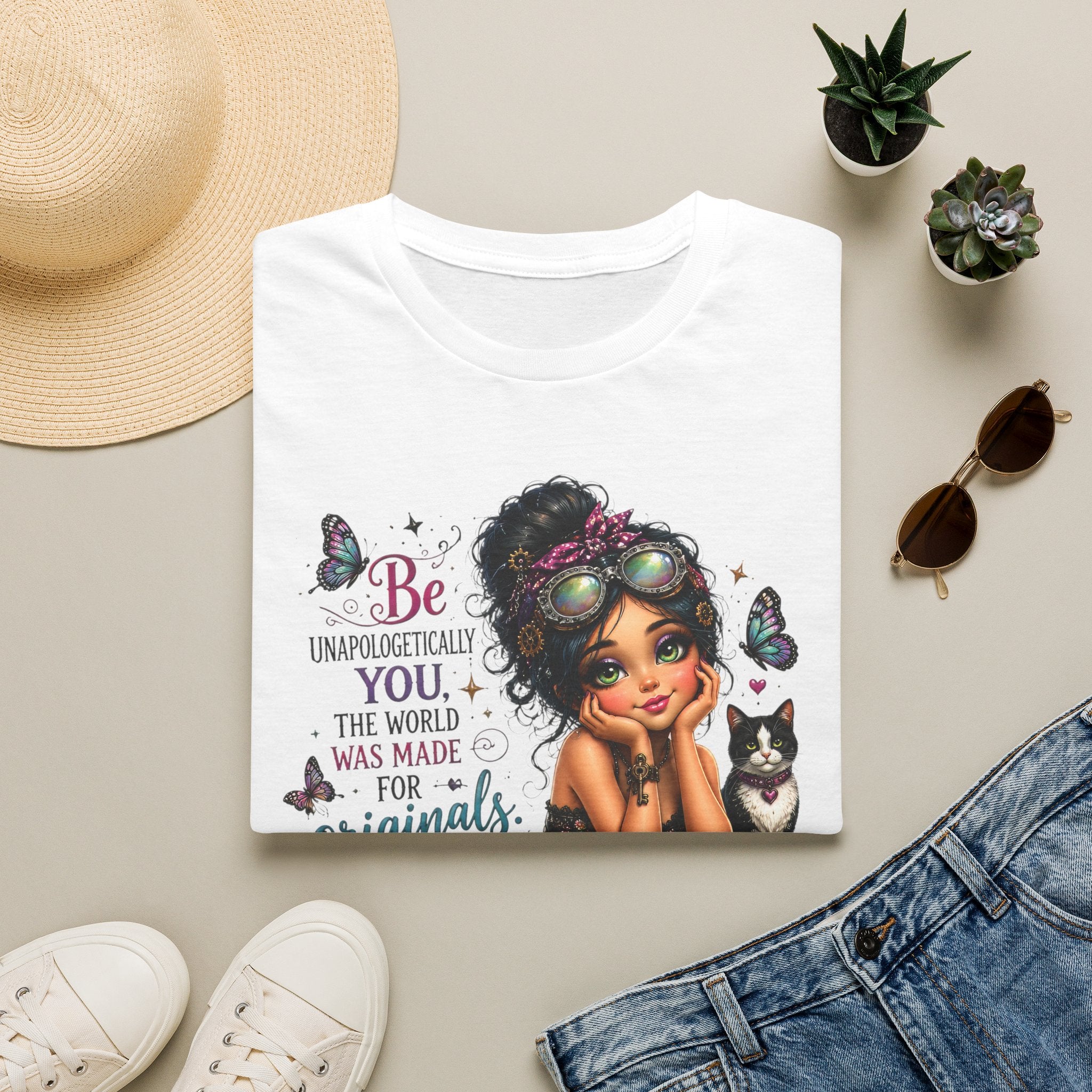 Folded white Be Unapologetically You graphic T-shirt styled with summer accessories