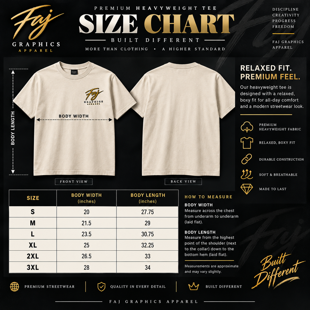 Built Different Premium Heavyweight Tee size chart S to 3XL - Faj Graphics Apparel