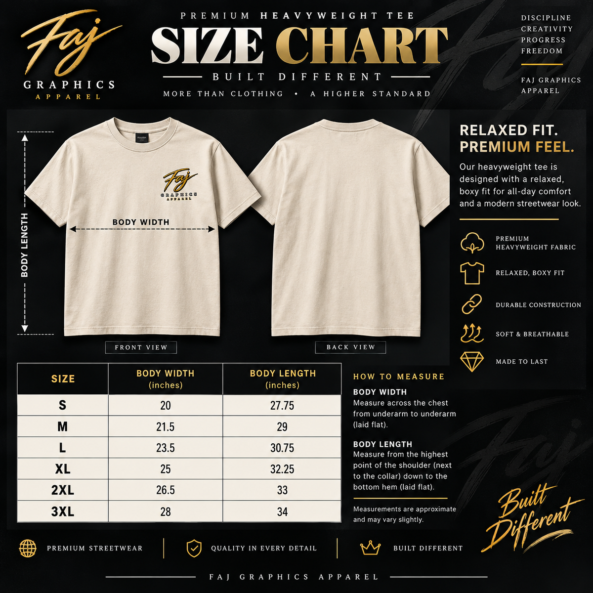 Built Different Premium Heavyweight Tee size chart S to 3XL - Faj Graphics Apparel