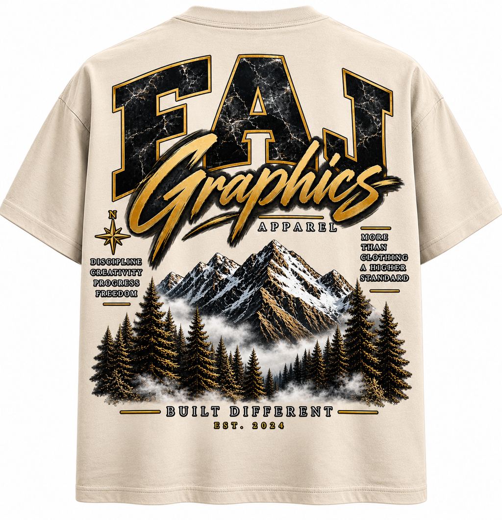 Built Different Premium Heavyweight Tee back mountain graphic mockup - Faj Graphics Apparel