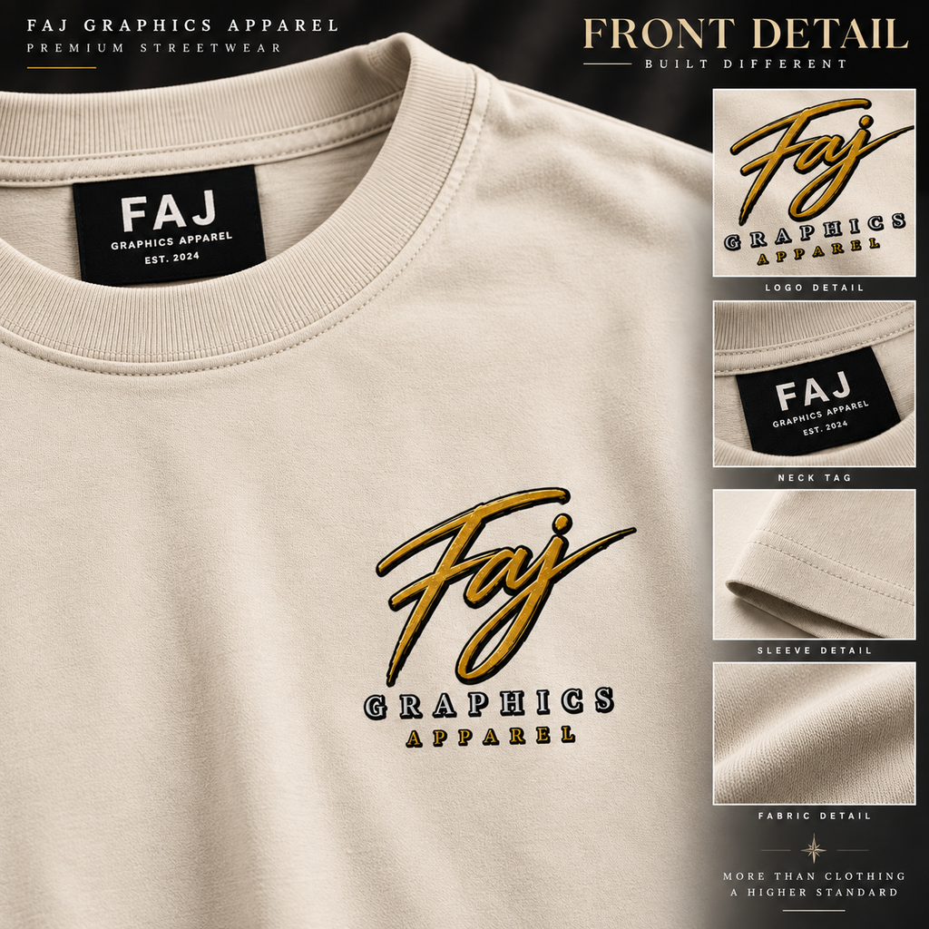Built Different Premium Heavyweight Tee front detail and Faj Graphics Apparel branding