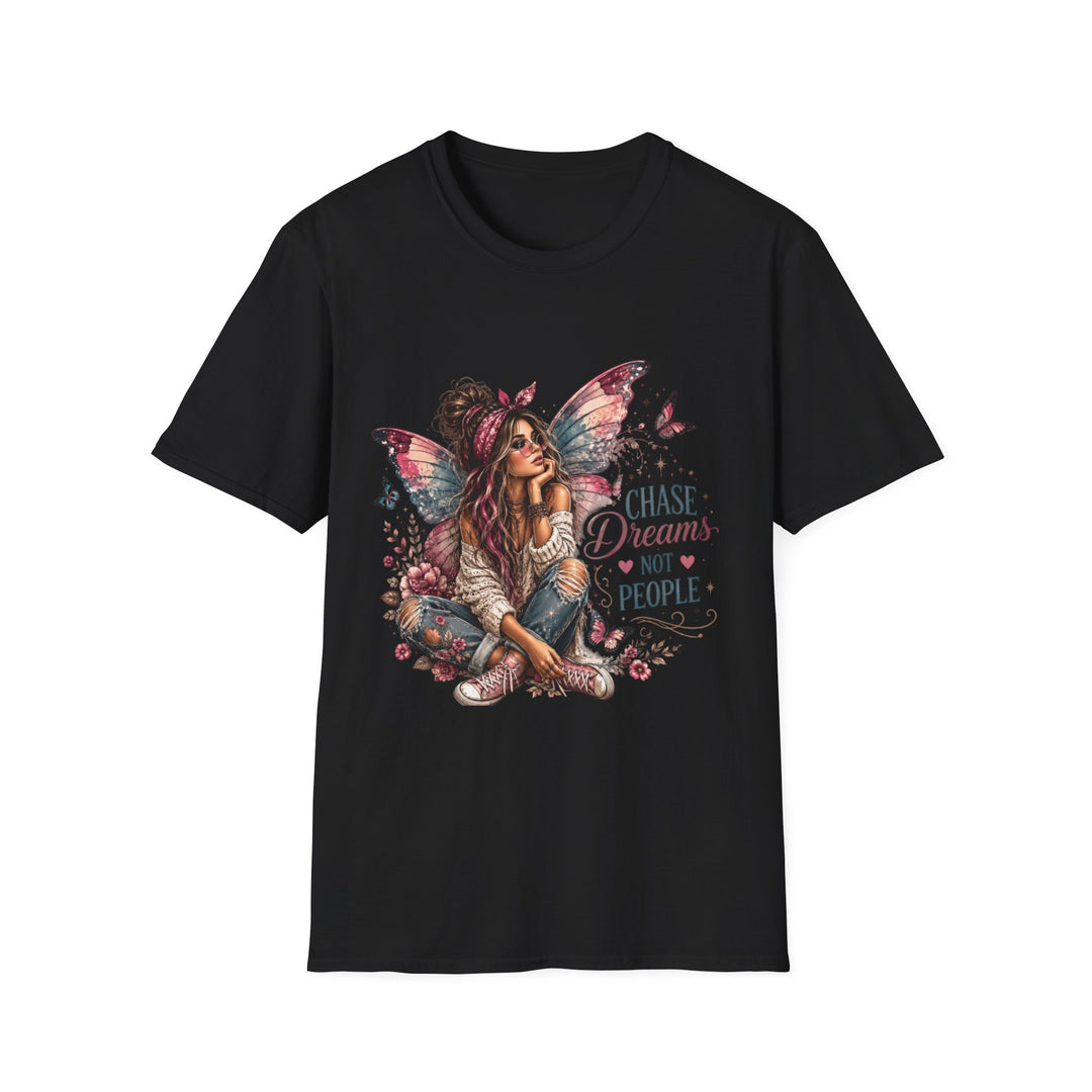 Black Chase Dreams Not People fairy graphic T-shirt front view