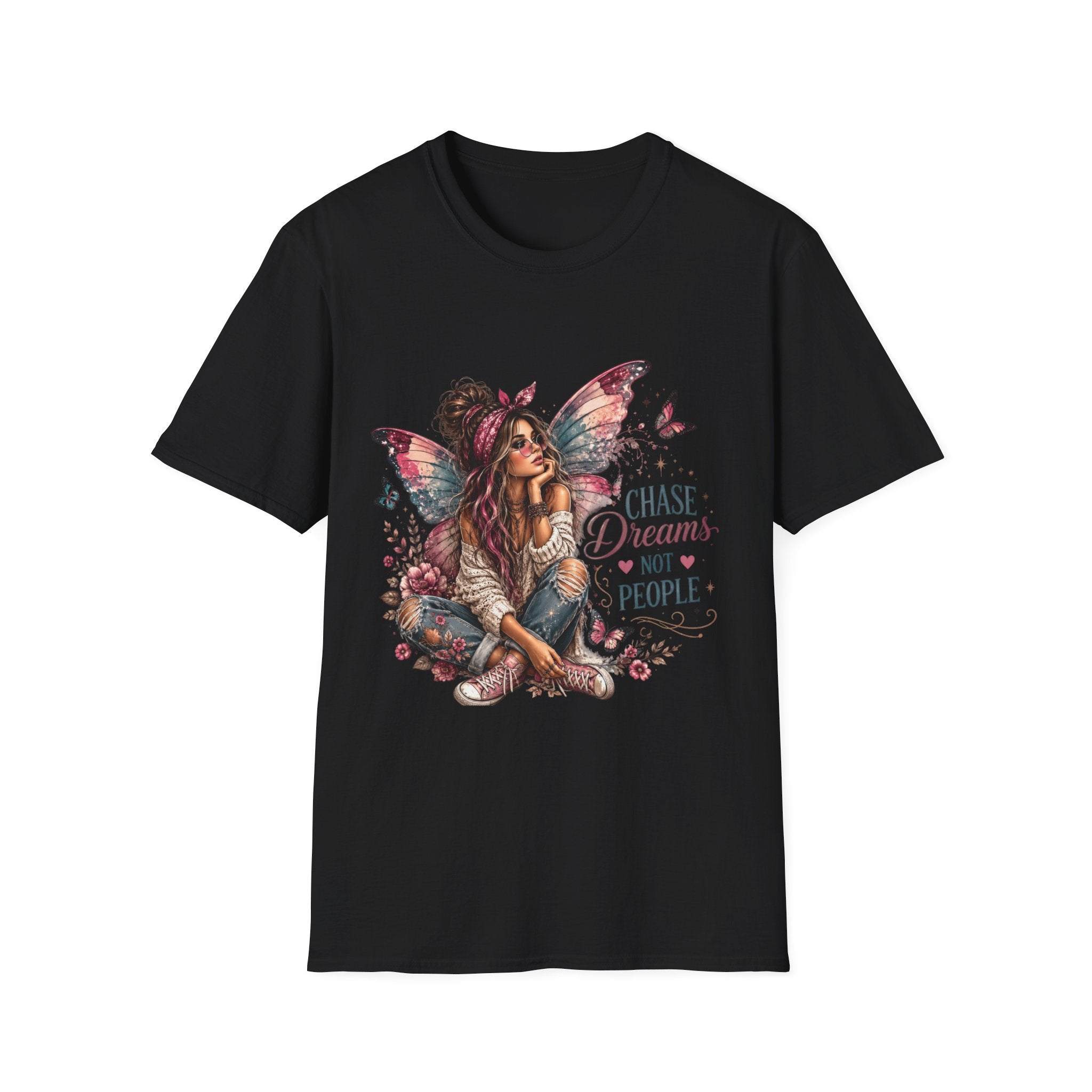 Black Chase Dreams Not People fairy graphic T-shirt front view