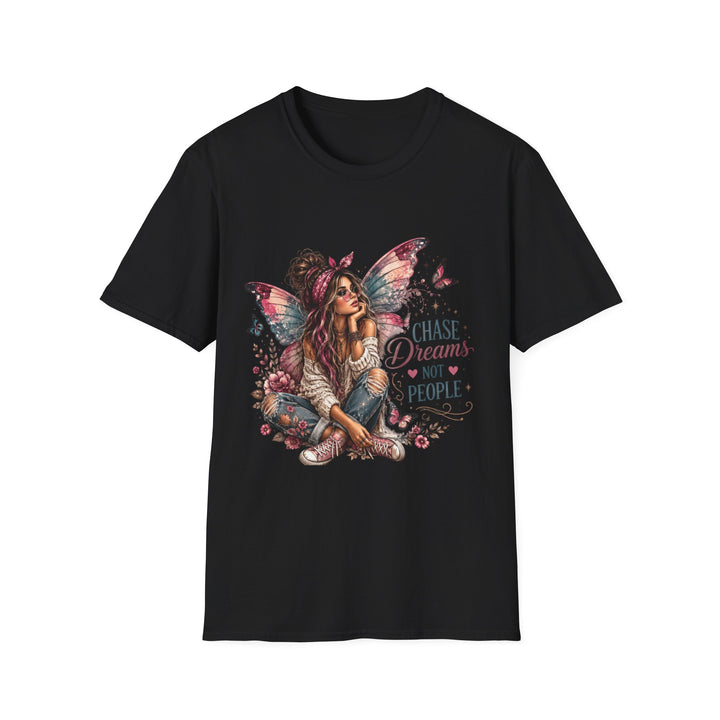 Black Chase Dreams Not People fairy graphic T-shirt front view