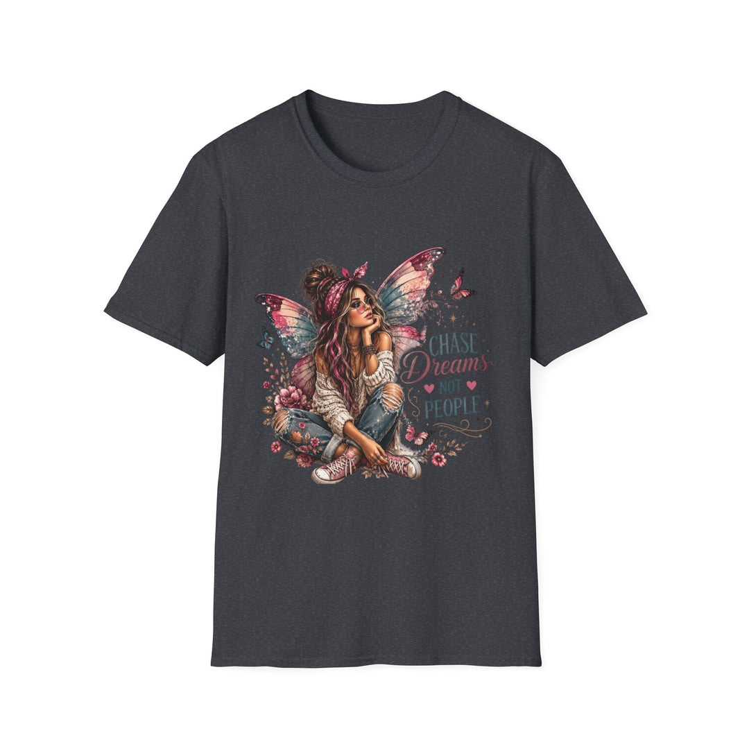 Dark heather Chase Dreams Not People fairy graphic T-shirt front view