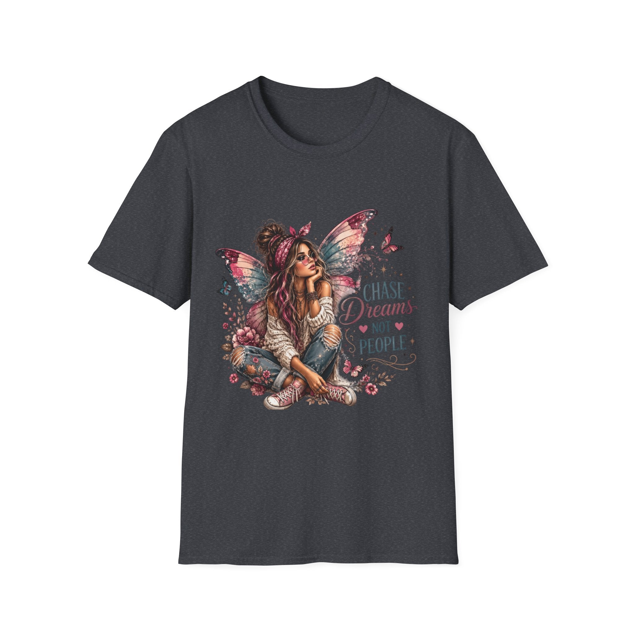 Dark heather Chase Dreams Not People fairy graphic T-shirt front view