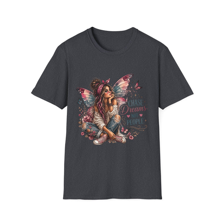 Dark heather Chase Dreams Not People fairy graphic T-shirt front view