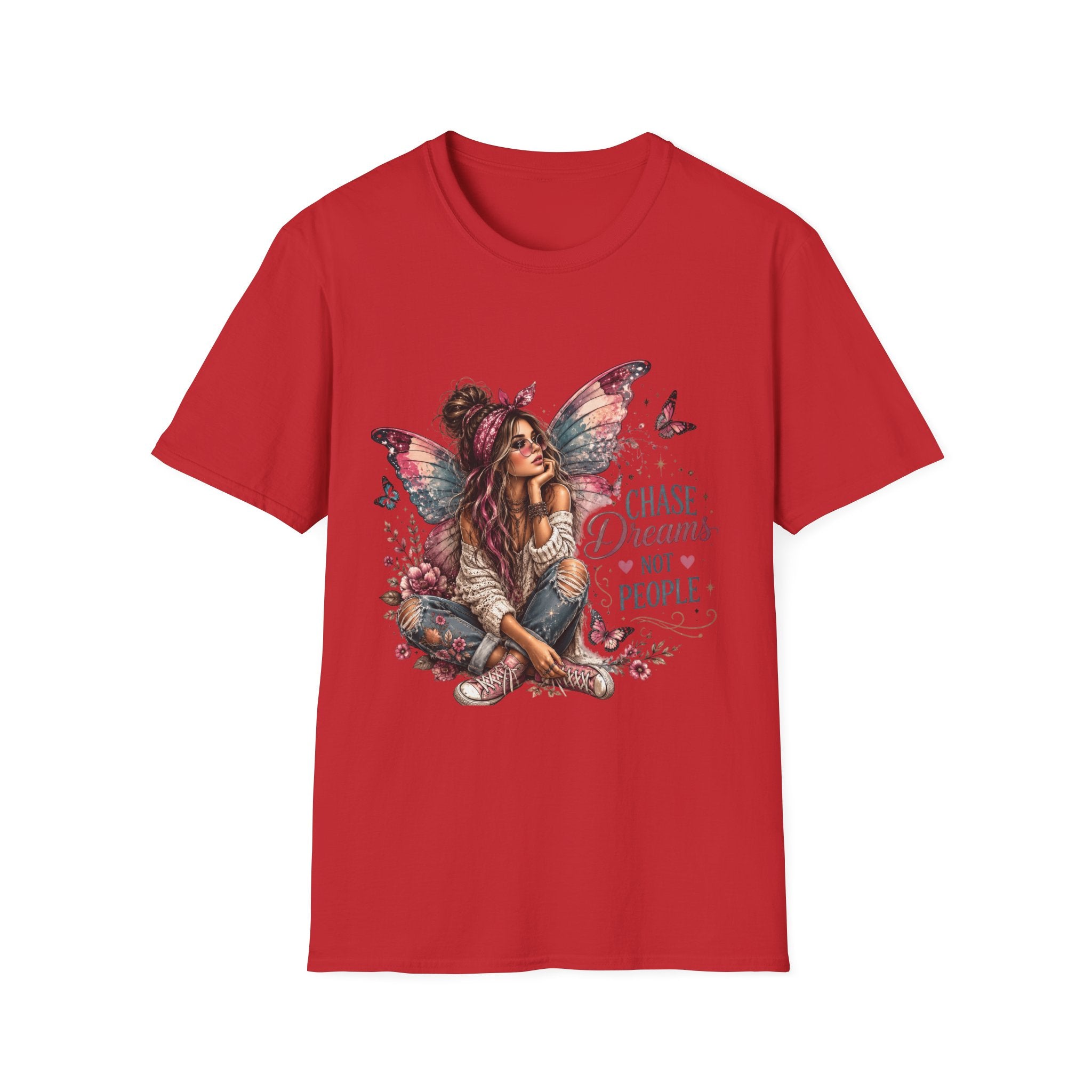 Red Chase Dreams Not People fairy graphic T-shirt front view
