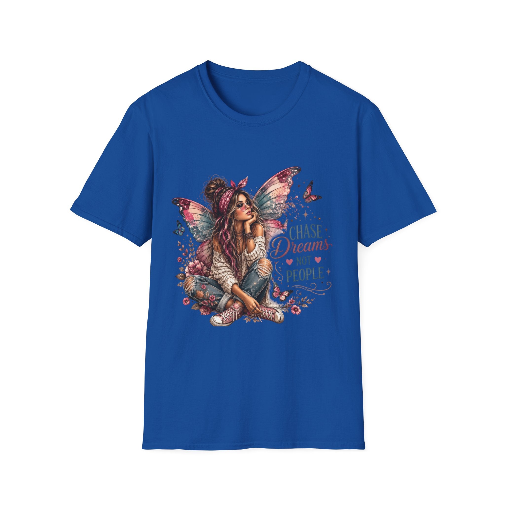 Royal blue Chase Dreams Not People fairy graphic T-shirt front view