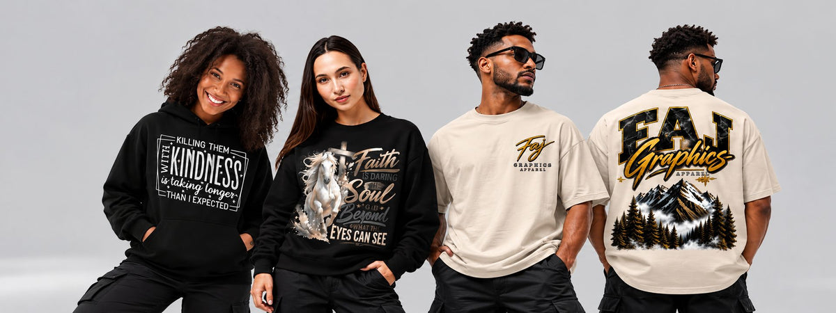 Models wearing Faj Graphics Apparel custom graphic hoodie, sweatshirt and t-shirts printed in Stockton, CA