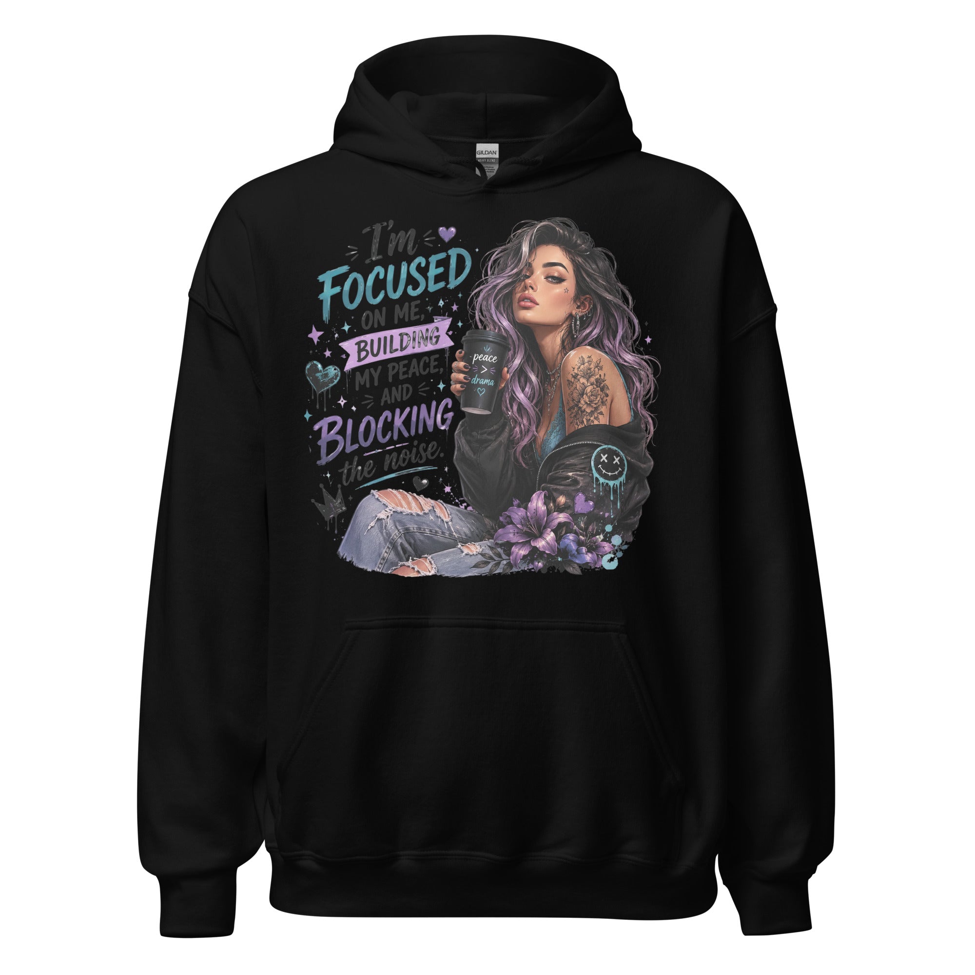 Focused on Me graphic hoodie in black front view