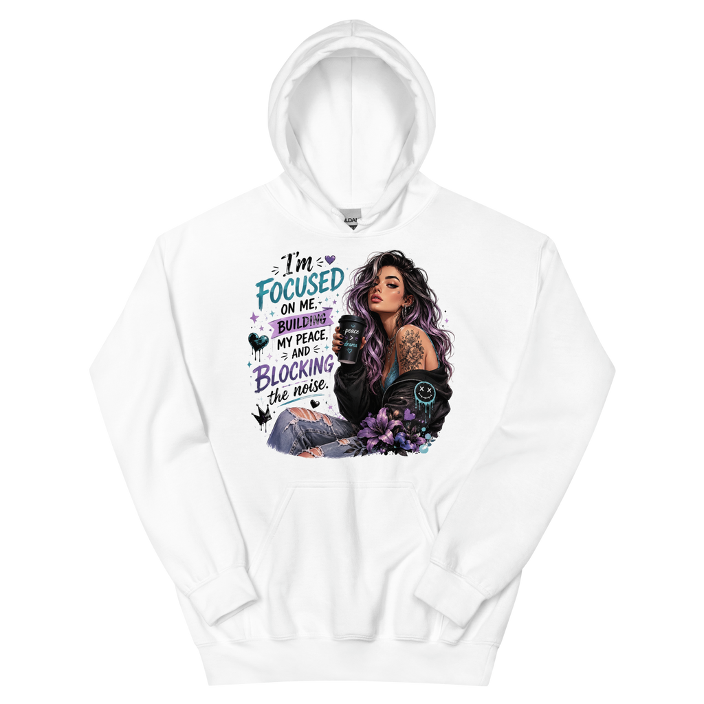 Focused on Me graphic hoodie in white front view
