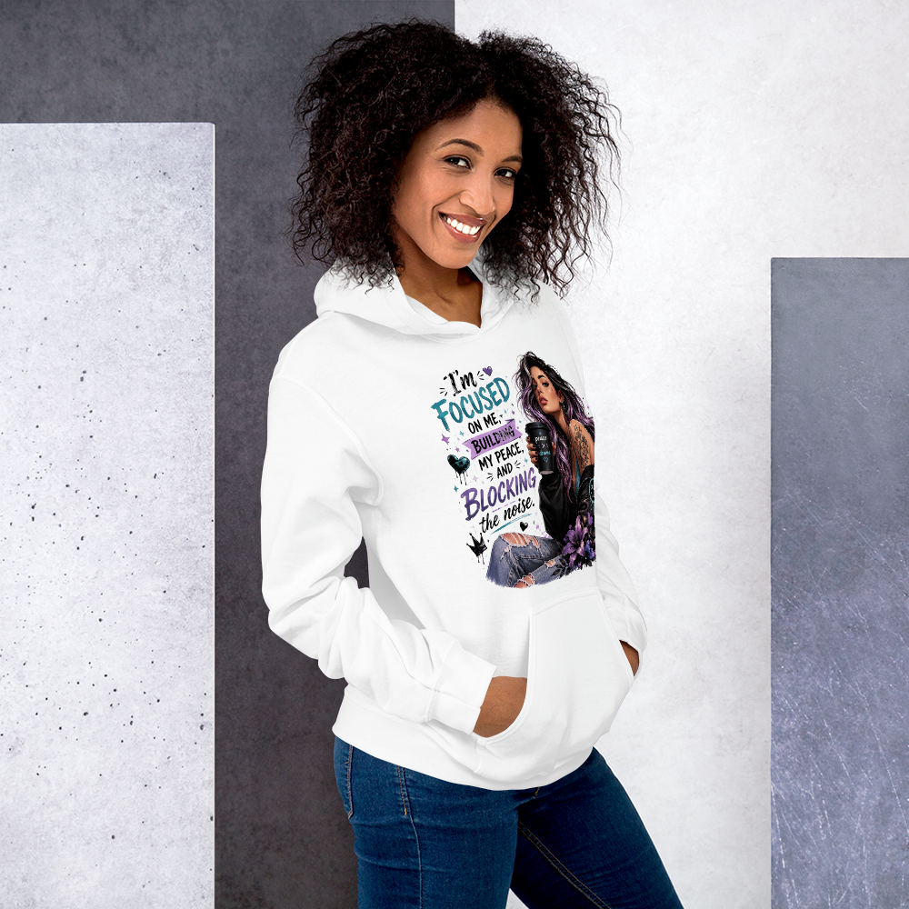 Focused on Me white hoodie right side view