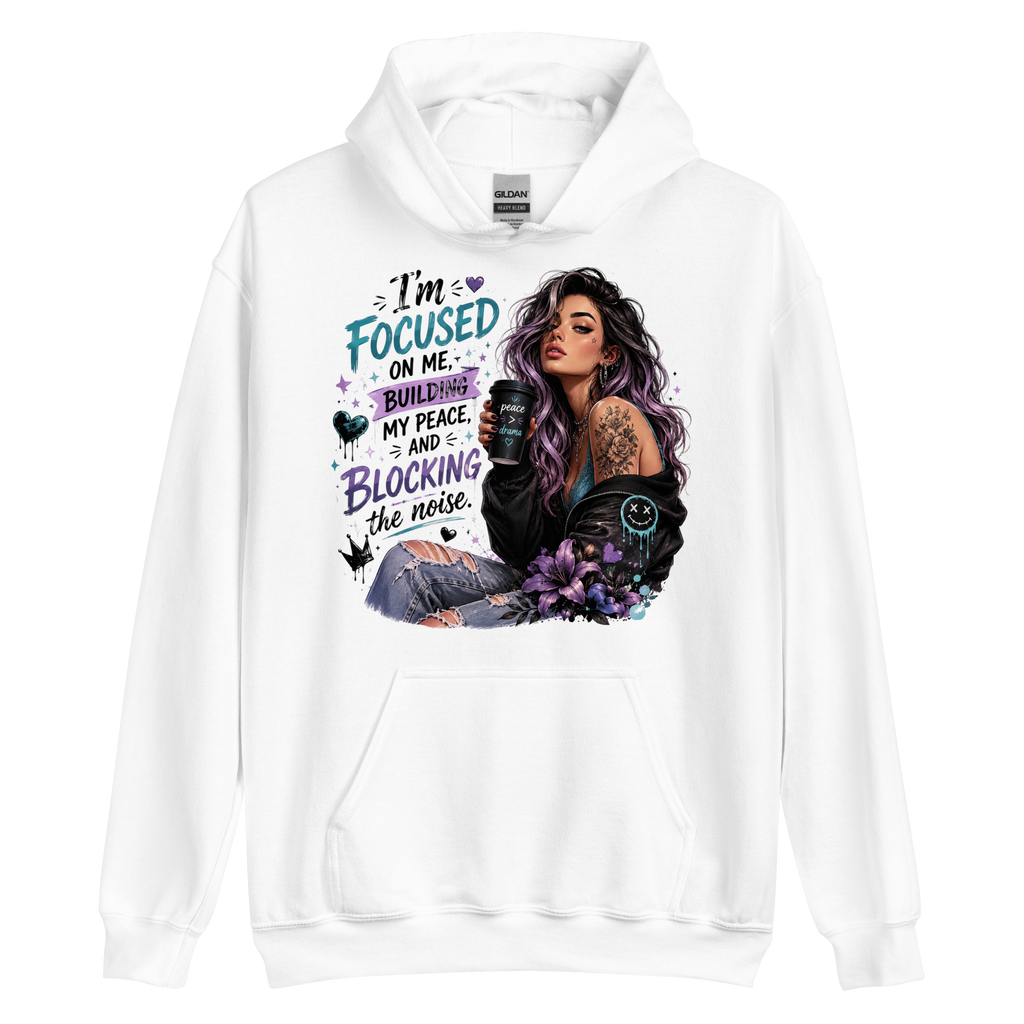 Woman wearing Focused on Me white graphic hoodie