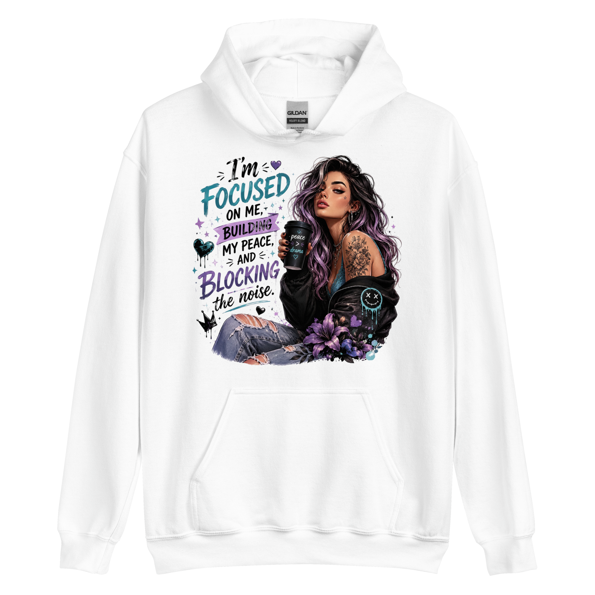 Woman wearing Focused on Me white graphic hoodie