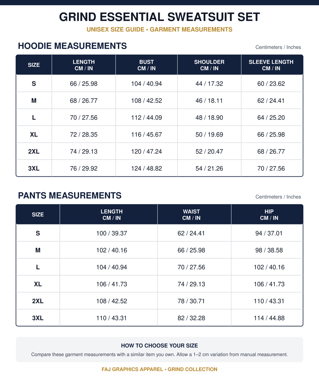GRIND Essential Sweatsuit Set hoodie and pants size chart in centimeters and inches