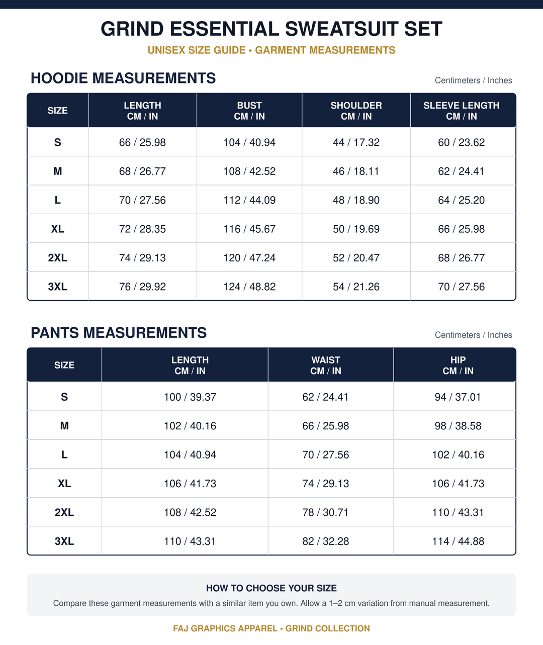 GRIND Essential Sweatsuit Set hoodie and pants size chart in centimeters and inches