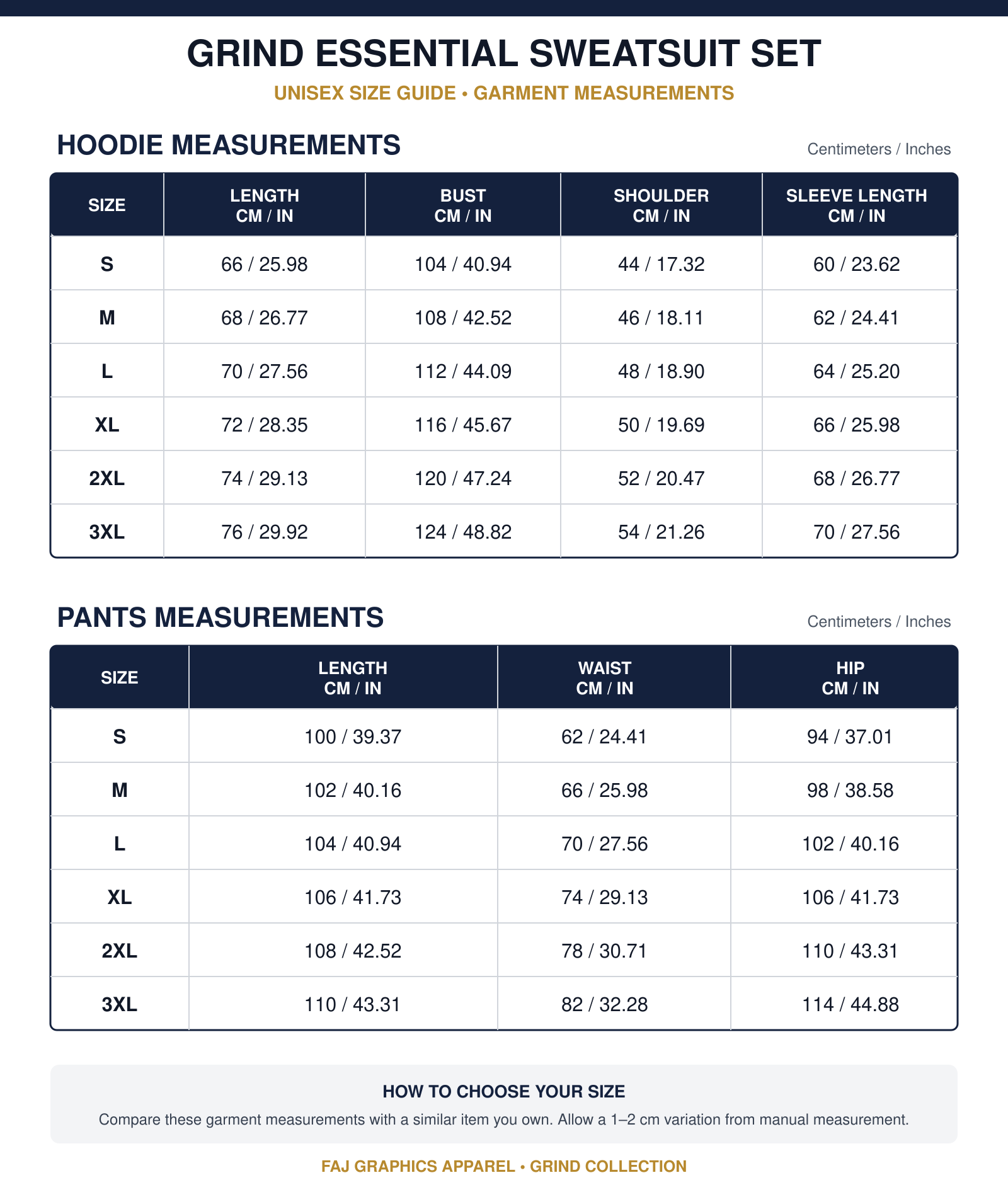 GRIND Essential Sweatsuit Set hoodie and pants size chart in centimeters and inches