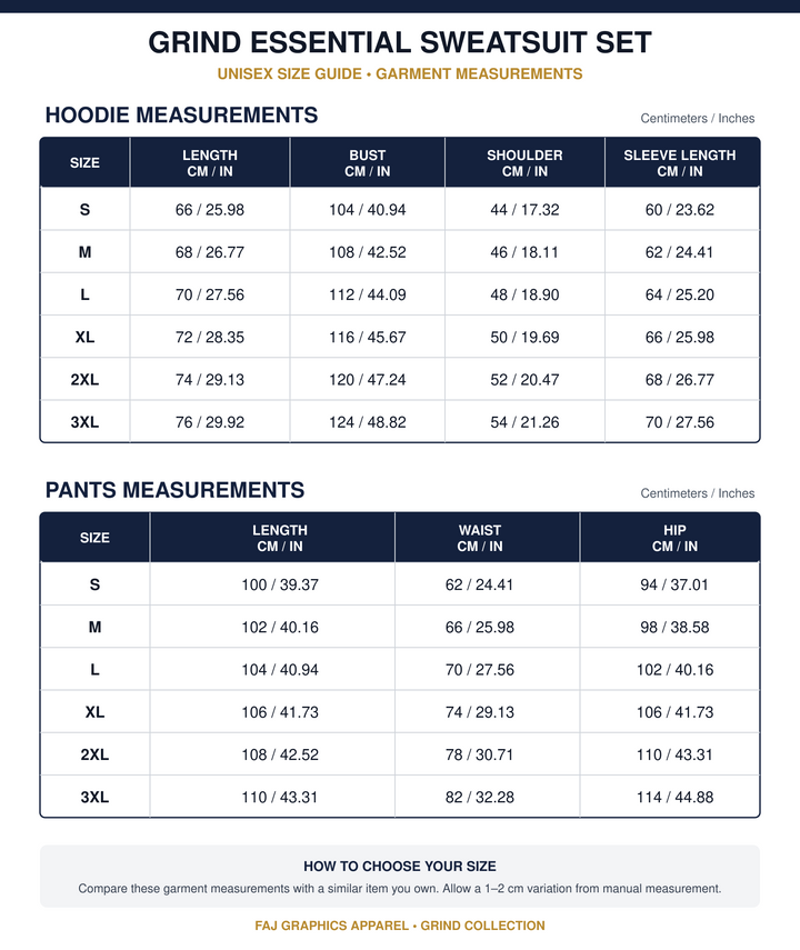 GRIND Essential Sweatsuit Set hoodie and pants size chart in centimeters and inches