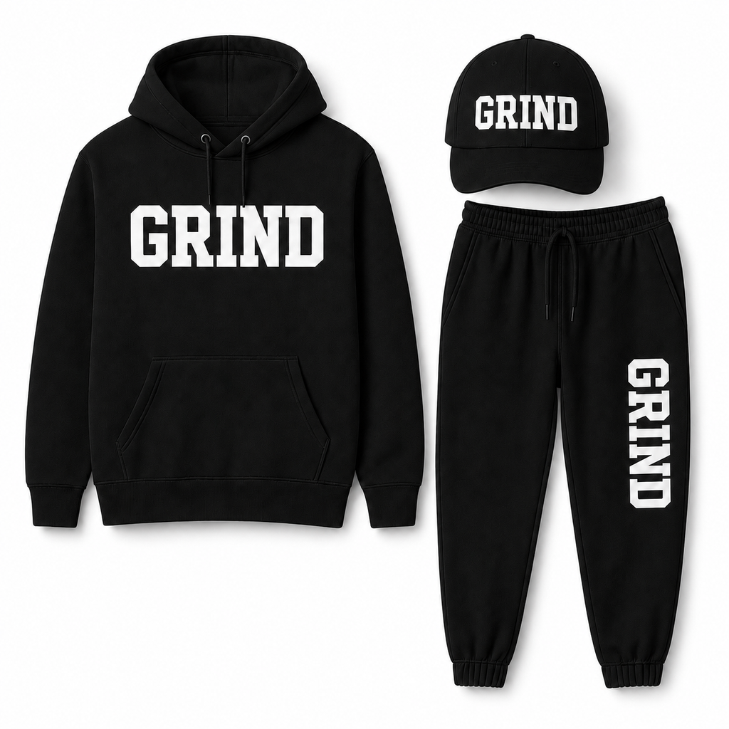 GRIND Essential Sweatsuit Set in black with hoodie, pants and cap