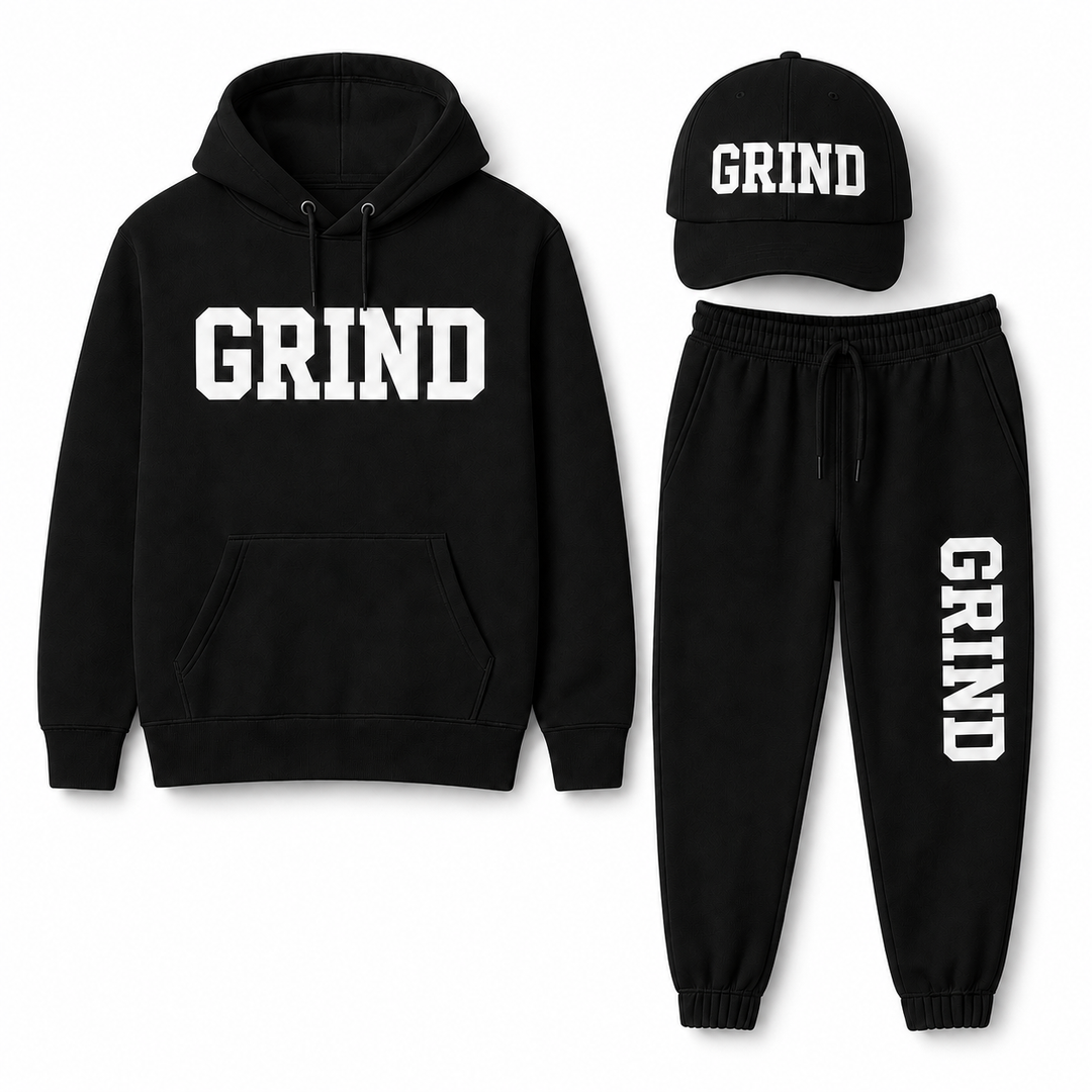 GRIND Essential Sweatsuit Set in black with hoodie, pants and cap