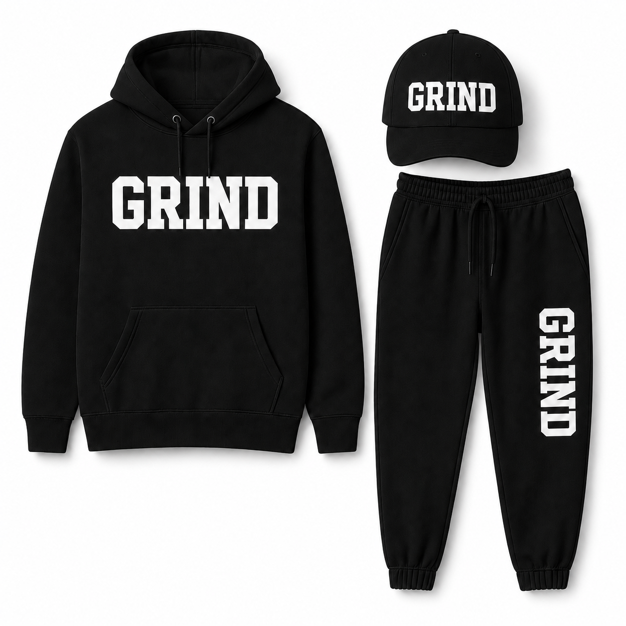 GRIND Essential Sweatsuit Set in black with hoodie, pants and cap
