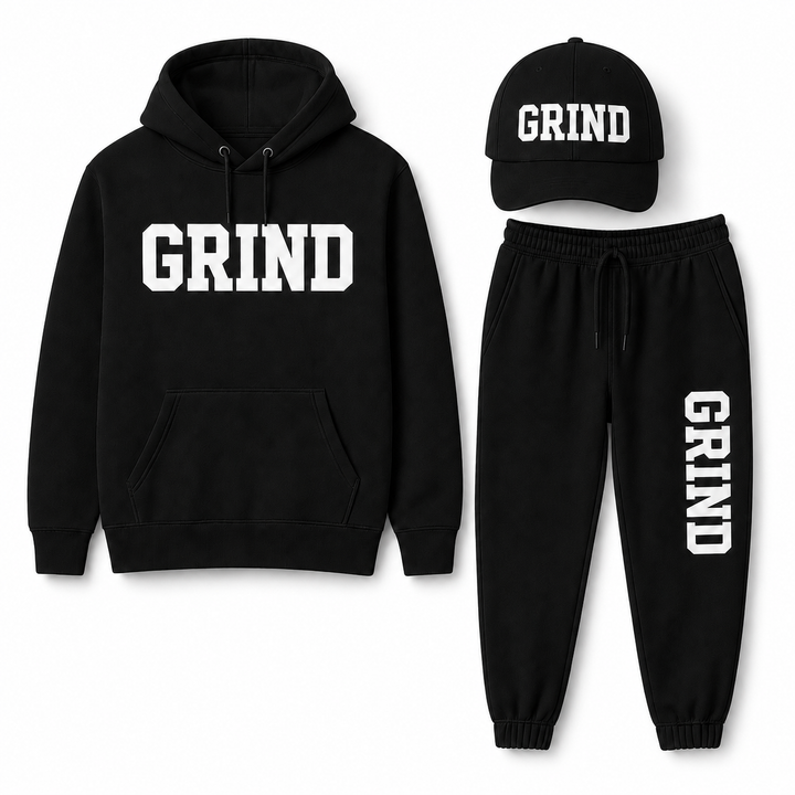 GRIND Essential Sweatsuit Set in black with hoodie, pants and cap