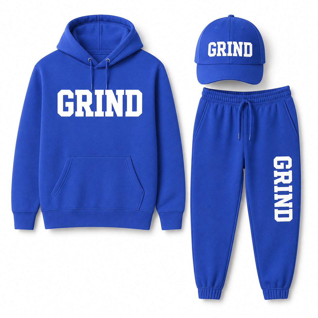 GRIND Essential Sweatsuit Set in royal blue with hoodie, pants and cap