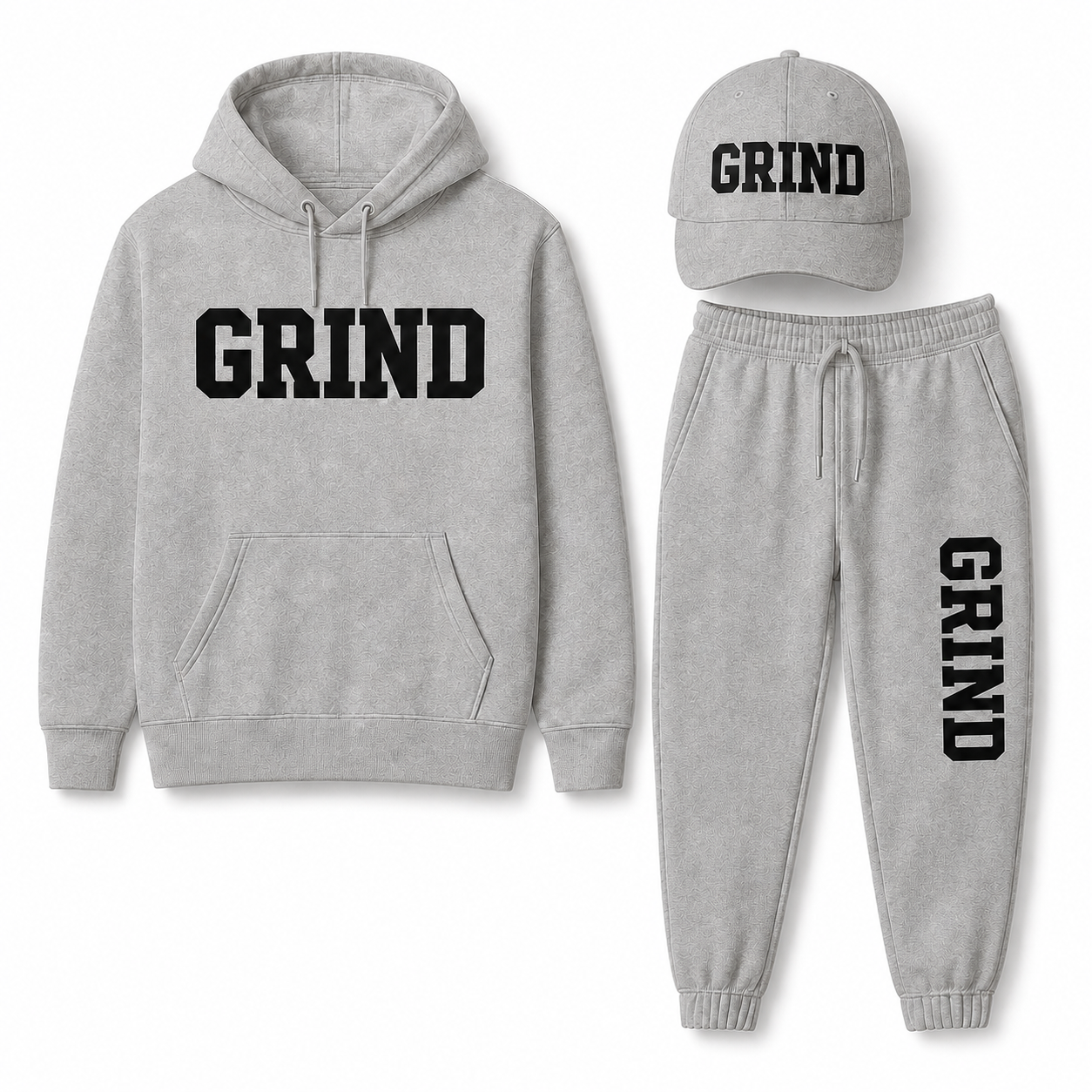 GRIND Essential Sweatsuit Set in heather gray with hoodie, pants and cap