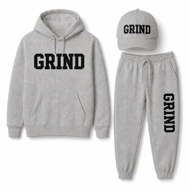 GRIND Essential Sweatsuit Set in heather gray with hoodie, pants and cap