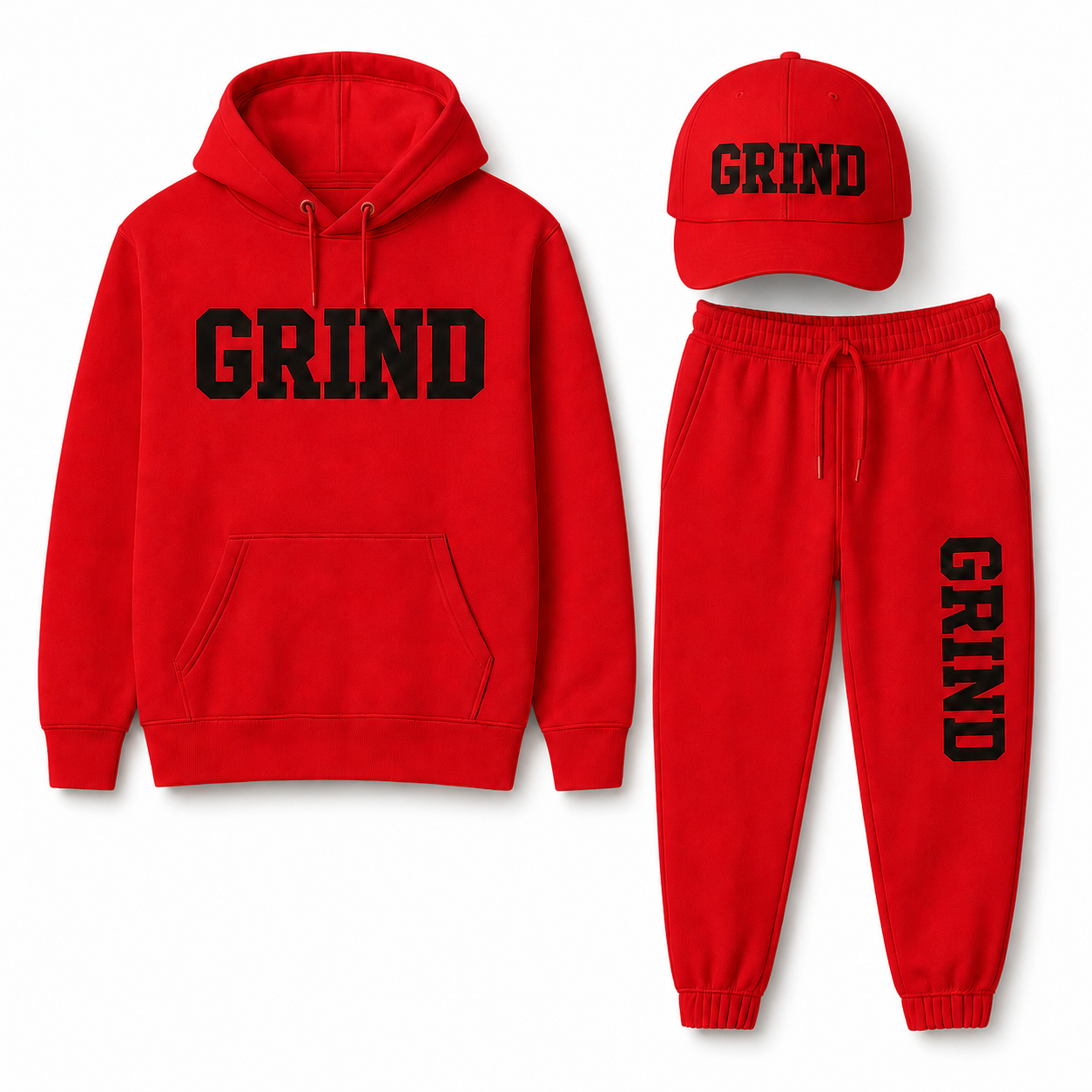GRIND Essential Sweatsuit Set in red with hoodie, pants and cap