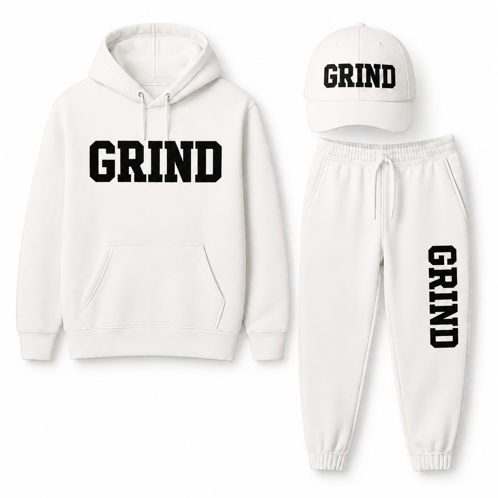 GRIND Essential Sweatsuit Set in white with hoodie, pants and cap