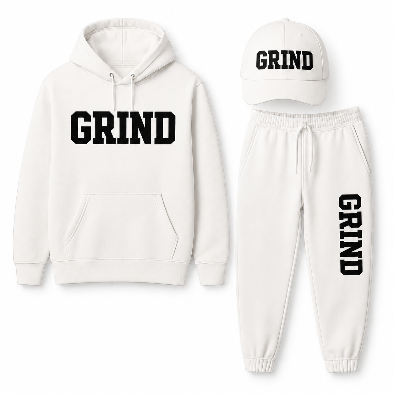 GRIND Essential Sweatsuit Set in white with hoodie, pants and cap