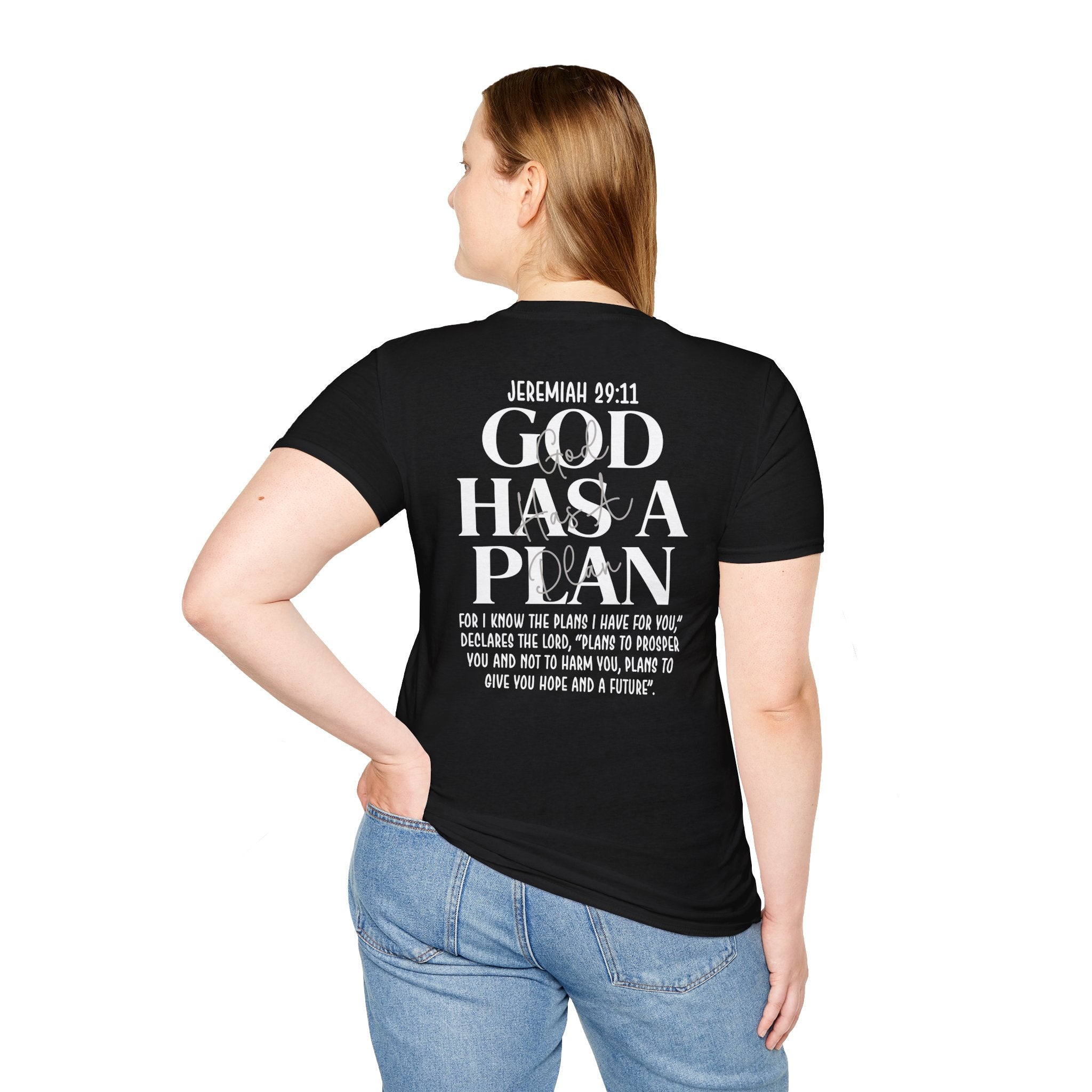 Woman wearing the black Jeremiah 29:11 God Has a Plan T-shirt back view